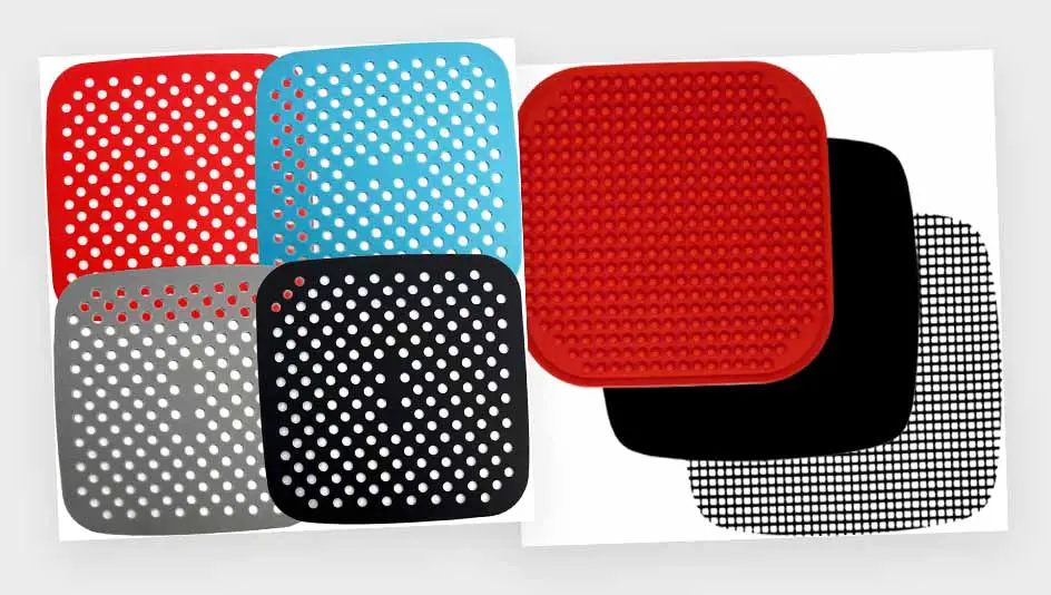 Multi colored silicone mats for an air fryer.