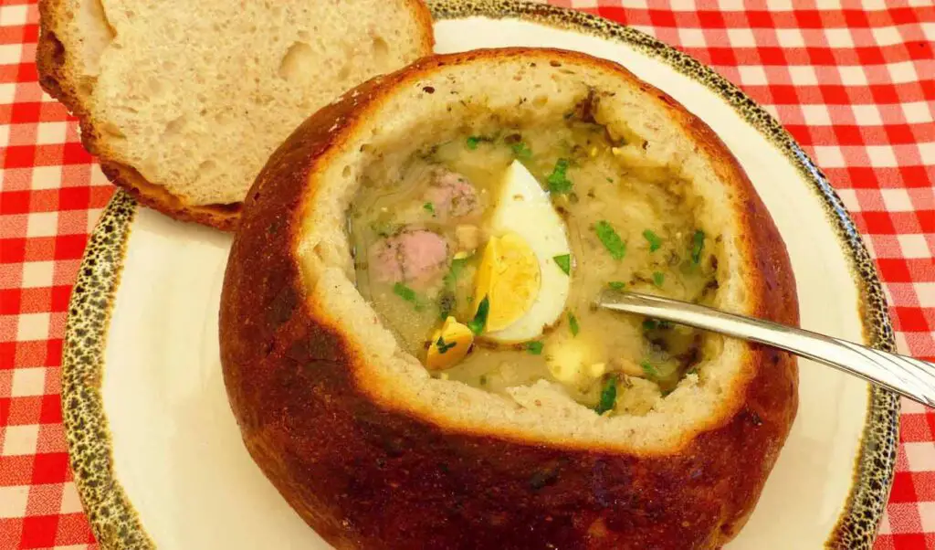 Żurek soup served in a bread bowl - tasty!