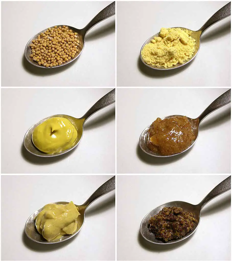 The first top left photo are the plain white mustard seeds. Then, on the right we have the white mustard. The next photo on the left depicts the most common type of table mustard with turmeric coloring and right next to it is the Bavarian sweet mustard. In the bottom left corner you can see the Dijon mustard, and in its close vicinity on the right you can find the rough French mustard.